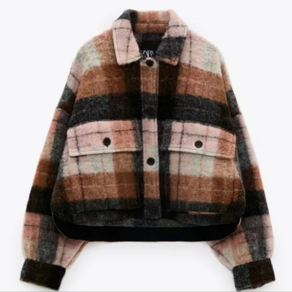 ZARA Crop Plaid Overshirt Shacket Brown Pink Cream in XS - Picture 5 of 9